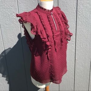 Loft Size M NWT Sleeveless Burgundy Boho Pleated Flutter Sleeves Blouse Top